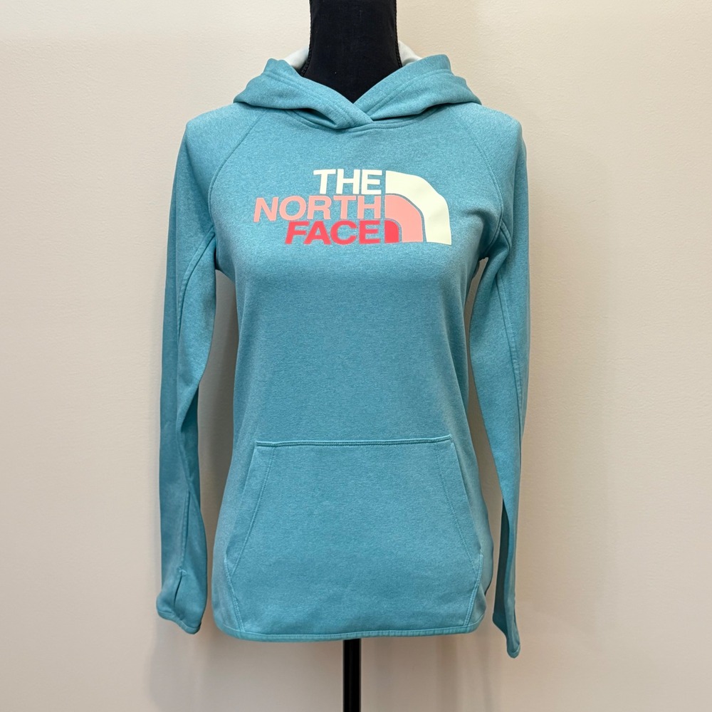 The North Face Womens S Turquoise Pullover Hoodie Graphic Logo Gorpcore Coastal